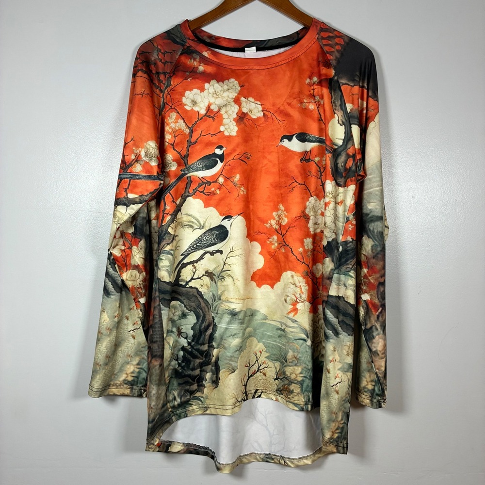 Tunic Top L Orange Bird Floral Print High Low Art to Wear Chinoiserie Vibrant
